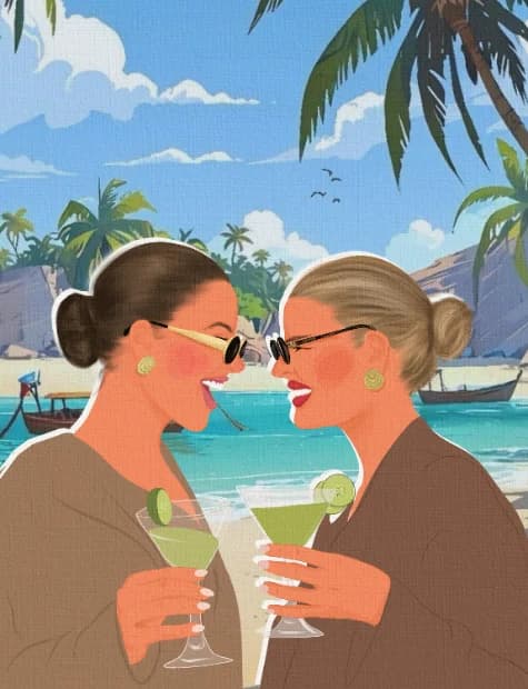 Ilustracija dviju prijateljica s koktelima na plaži