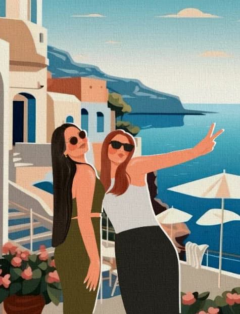 Ilustracija prijateljica na terasi iznad mora